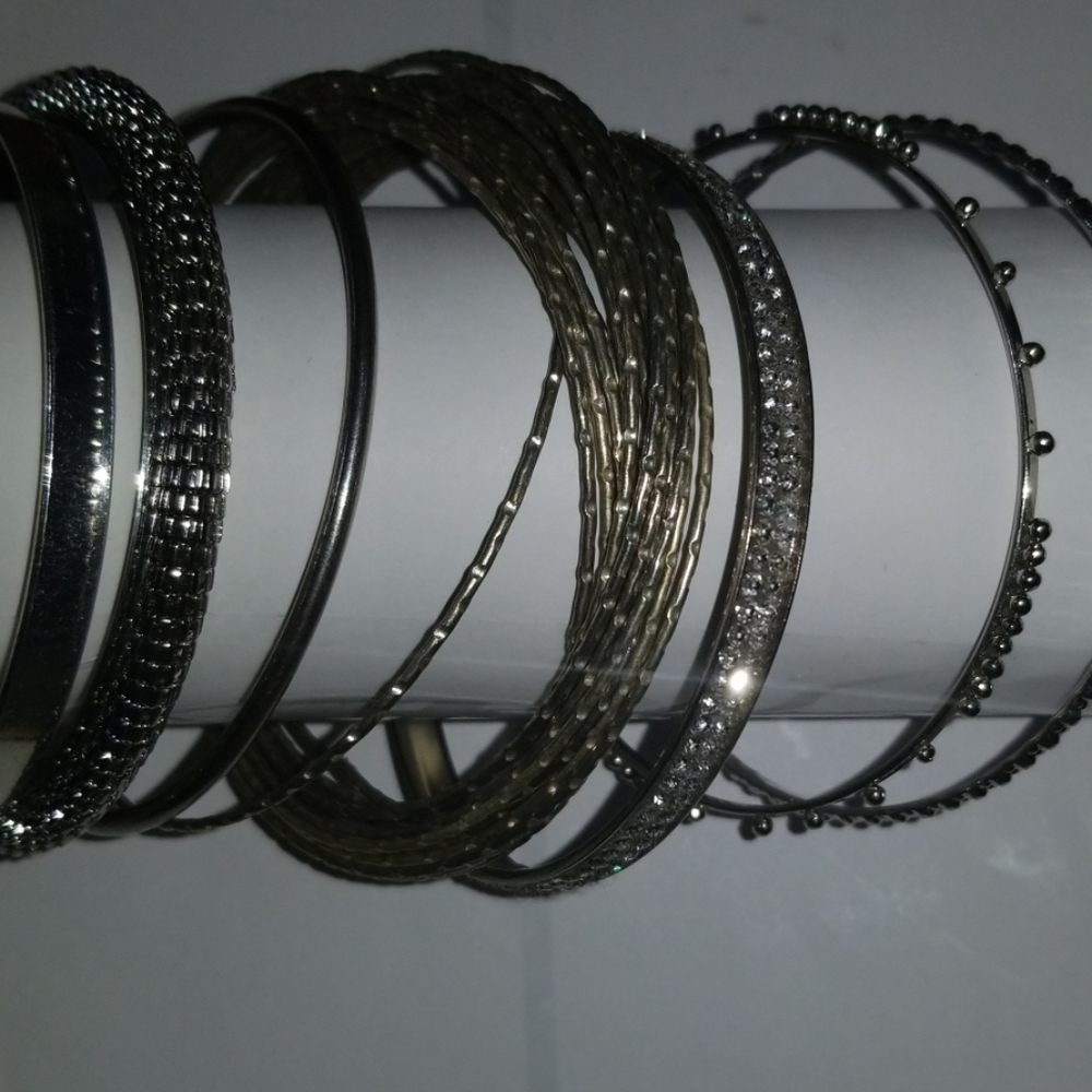 Bangle Bracelets Lot 7 Mismatched Silver Tone Set